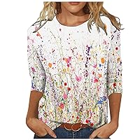 Women's 3/4 Sleeve T-Shirt 3/4 Sleeve Tops Colourful Floral Print Tunic Shirt Loose Crew Neck Summer Shirts Fashion Women's Blouses Long Sleeve Flowers Blouse T-Shirt