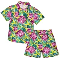 visesunny Toddler Boys 2 Piece Outfit Button Down Shirt and Short Sets Tropical Leaf Lotus Floral Boy Summer Outfits
