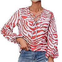 Women's Tops Dressy Casual Zebra Stripes Print T Shirts Drawstring V Neck Criss Cross Tees Casual Long Sleeve Blouse