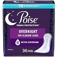 Poise Incontinence Pads & Postpartum Incontinence Pads, 8 Drop Overnight Absorbency, Extra-Coverage Length, 36 Count, Packaging May Vary