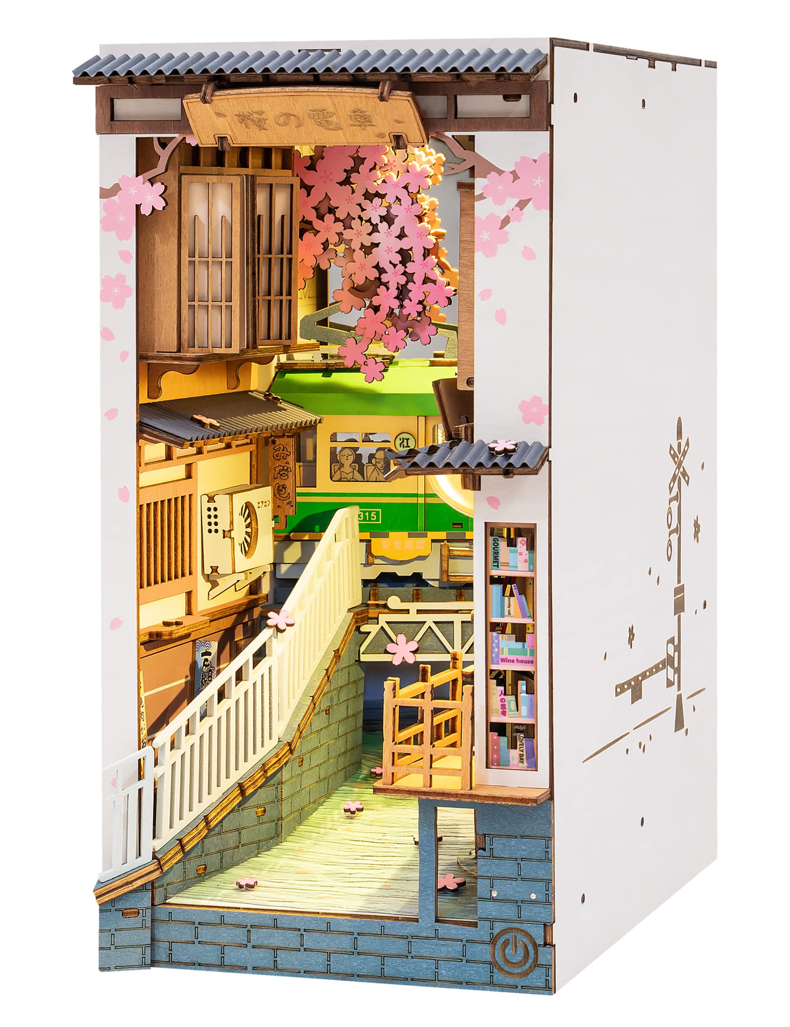Rolife DIY Book Nook Kit 3D Wooden Puzzle, Bookshelf Insert Decor with LED DIY Bookend Diorama Miniature Kit Crafts Hobbies Gifts for Adults/Teens (Sakura Densya)