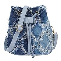Van Caro Mini Denim Bucket Bag Purse for Women Drawstring Tassel Hobo bag Shoulder Handbag