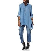 Zac & Rachel Women's Extra Long Button Front Collared Blouse with Roll Tab Sleeves