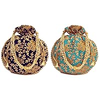 Indian Embroidered Navy Blue & Turquoise Potli Bag with Pearls Handle Purse Party Wear Ethnic Clutch for Women Combo of 2