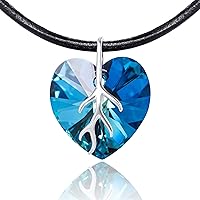 LillyMarie Woman Black Leather Necklace Swarovski Elements Heart Blue Length Adjustable Jewelry Pouch Christmas Gifts for mom