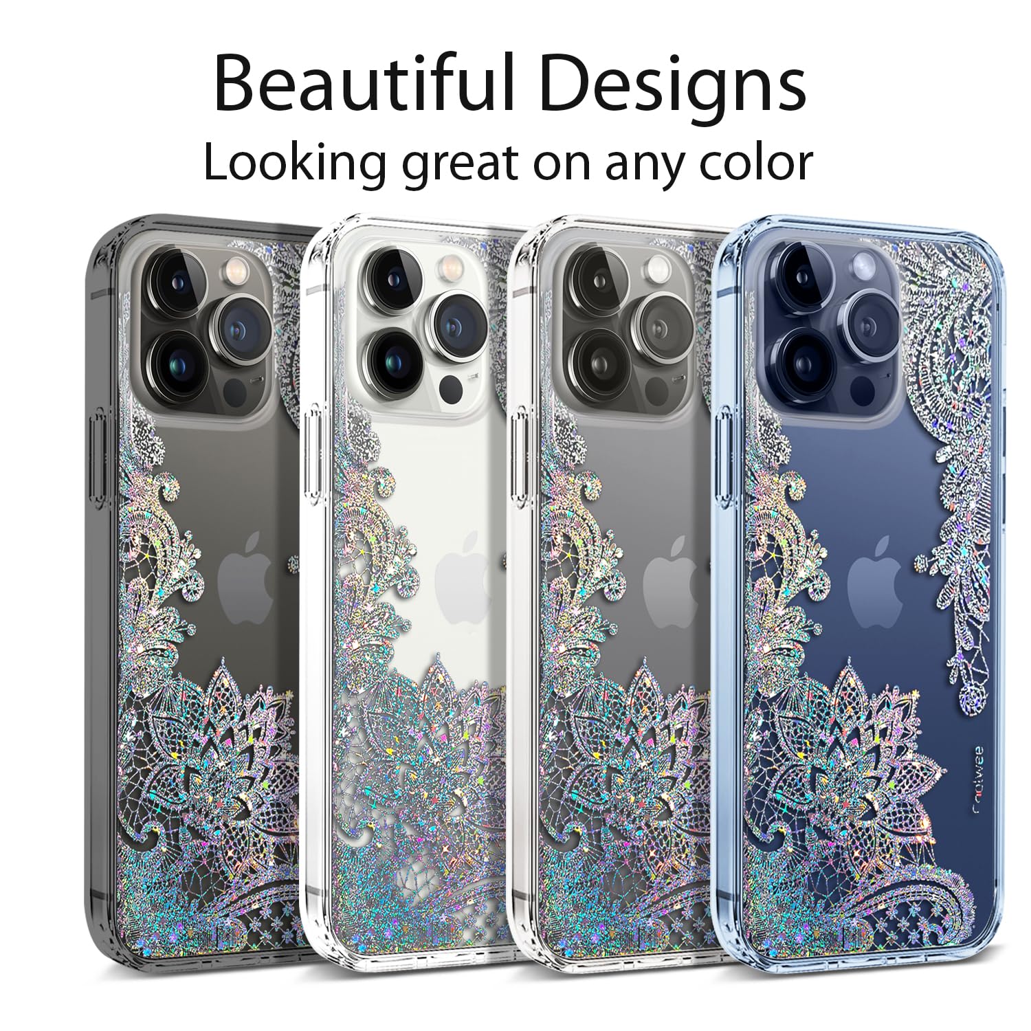 Coolwee Anti Yellowing Clear Glitter for Apple iPhone 15 Pro Max Case Floral, 6.7 inch, 6.6ft Military Grade Protecctive Cute Mandala Crystal Bling Lace Flower Slim TPU with Camera & Screen Protector