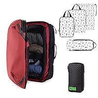 COR Surf Island Hopper Travel Bundle 40L Lava Red Carry On Travel Backpack | Hawaiian Style Packing Cubes (Set of 4) and the Compact Water Resistant Toiletry Bag