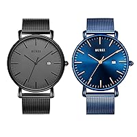 BUREI Men's Watch Ultra Thin Quartz Analog Wrist Watch Date Calendar Stainless Steel Mesh Band