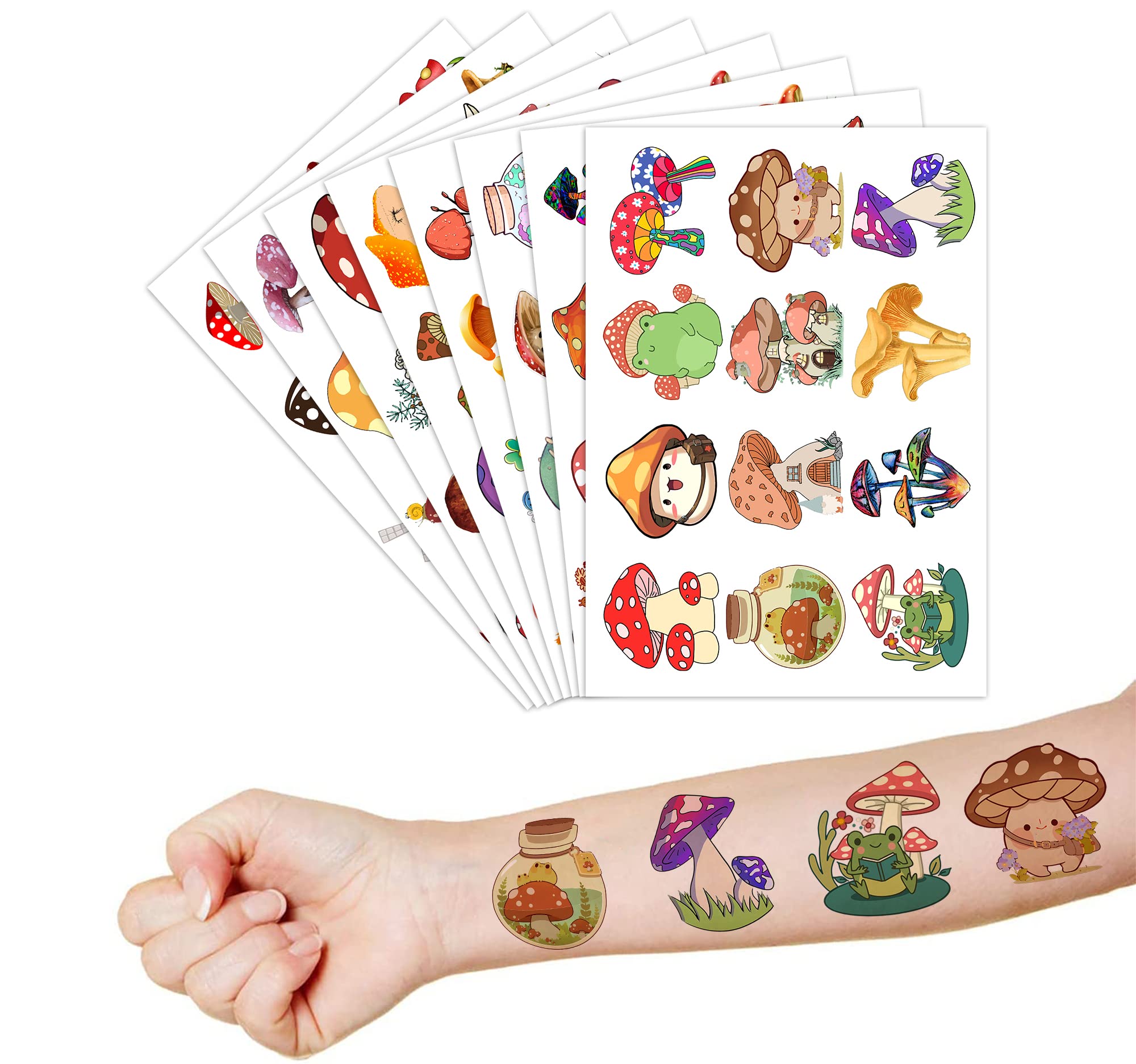8 Sheet (96Pcs) Mushroom Temporary Tattoos Sticker for Kids, Mushroom Birthday Party Decorations Supplies Favors Super Cute Face Tattoos Sticker Gifts Ideas for Boys Girls Baby Shower Prizes Rewards