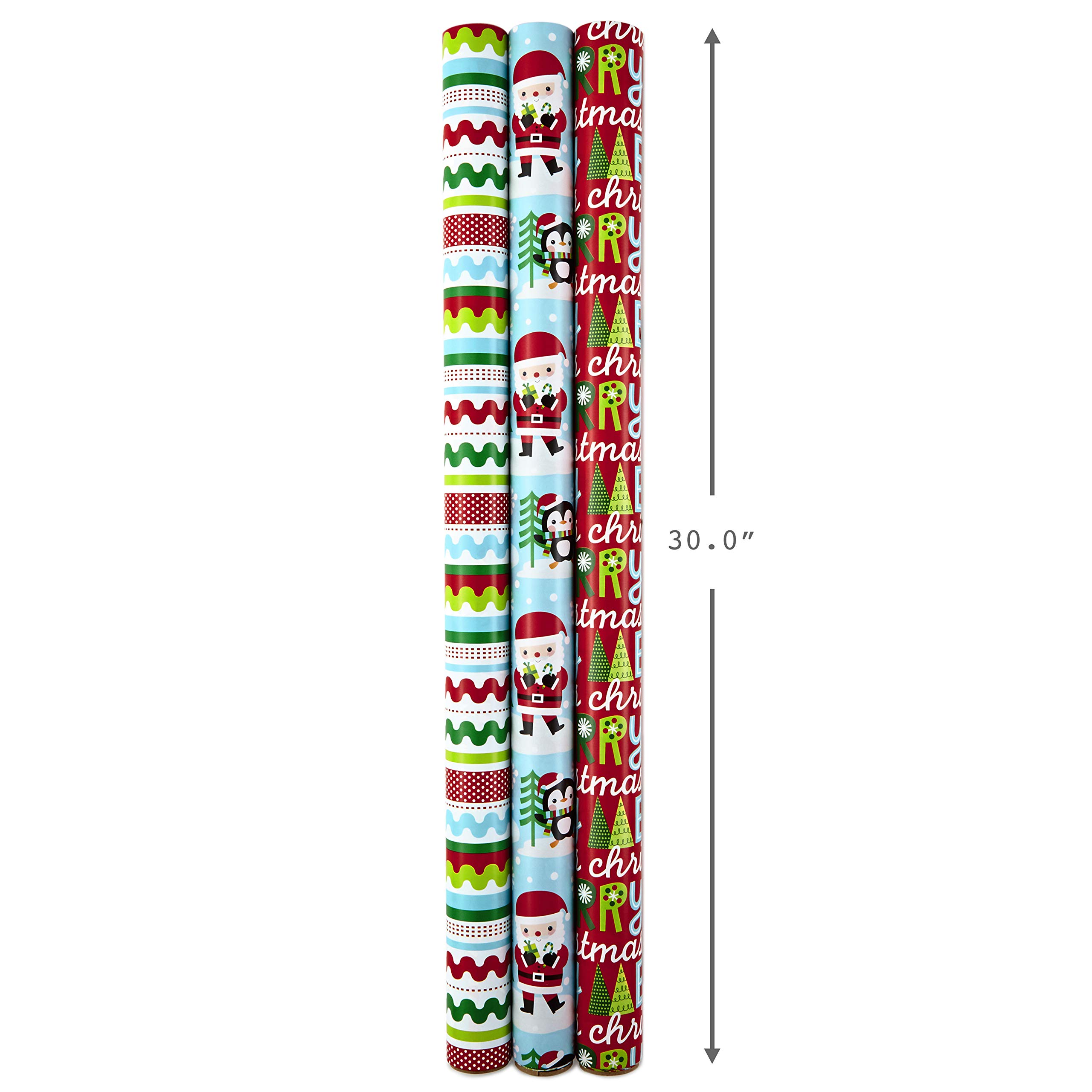 Hallmark Reversible Christmas Wrapping Paper Set with Ribbon and Gift Tag Stickers (3 Rolls of Wrapping Paper and Ribbon; Santa, Penguins, Stripes, Dots)