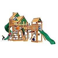 Gorilla Playsets 01-1037-AP Treasure Trove Treehouse Wood Swing Set with Tube Slide, Built-in Sandbox Area, and Clatter Bridge, Amber