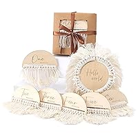 Boho Baby Monthly Milestone Cards | 7 Pcs Wooden Double Sided Discs from Newborn to 1 Year | Baby Gift Sets incl. Hello World Baby Birth Announcement Sign for Baby Shower & Photo Props