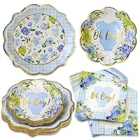 Kate Aspen Baby Shower Onesie Blue Floral & Gingham Tableware Set - 62pc. 16pcs 7 inch & 16pcs 9 inch Heavy Duty Disposable Party Plates, 30pcs 6.5 inch Durable Paper Napkins