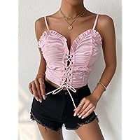 Women's Tops Sexy Tops for Women Women's Shirts Lace Up Waist Frill Trim Cami Top (Size : X-Small)