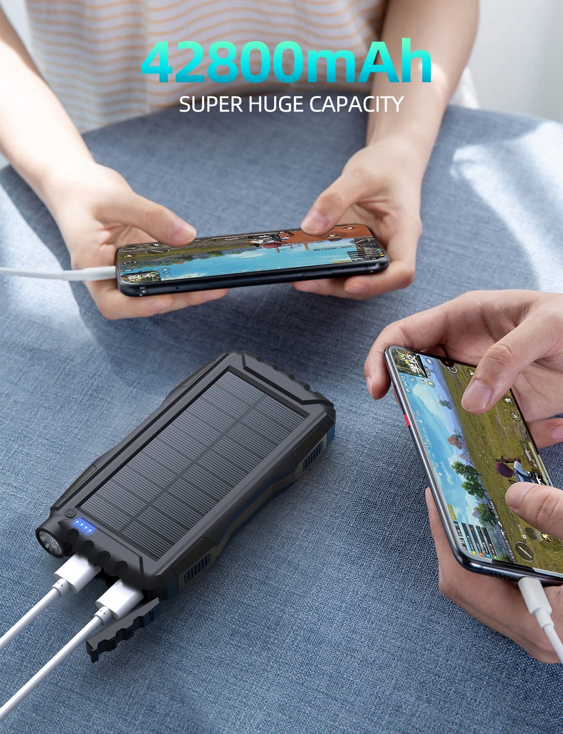 Solar-Charger-Power-Bank - 42800mAh Power Bank,Portable Charger,External Battery Pack 5V3.1A Qc 3.0 Fast Charging Built-in Super Bright Flashlight (Deep Black)