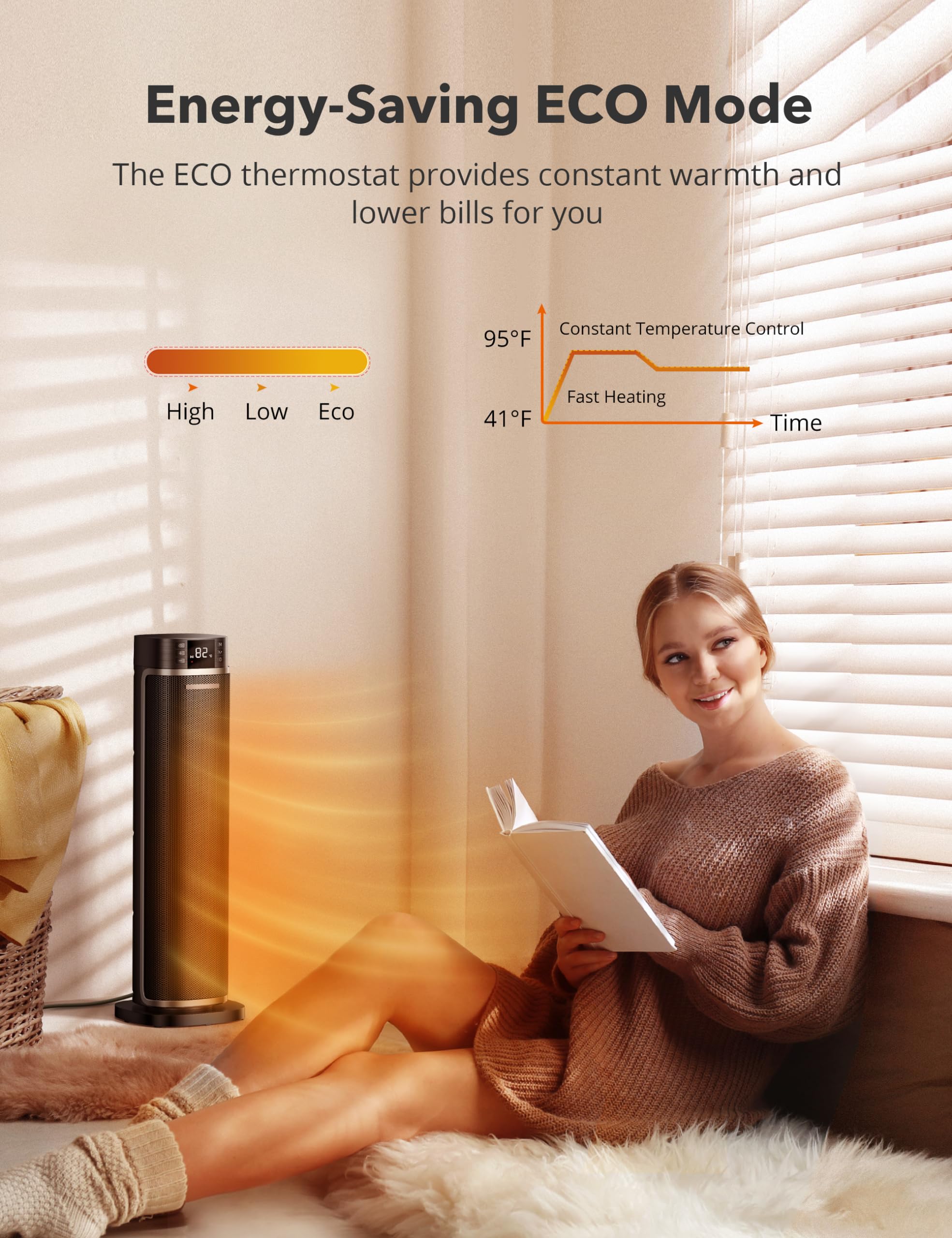 TaoTronics HE001 Space Heater, 1500W Electric Portable Fast Heating Widespread Oscillation ECO Mode 12 Hrs Timer with Remote Control for Indoor Use Home, Small, Black