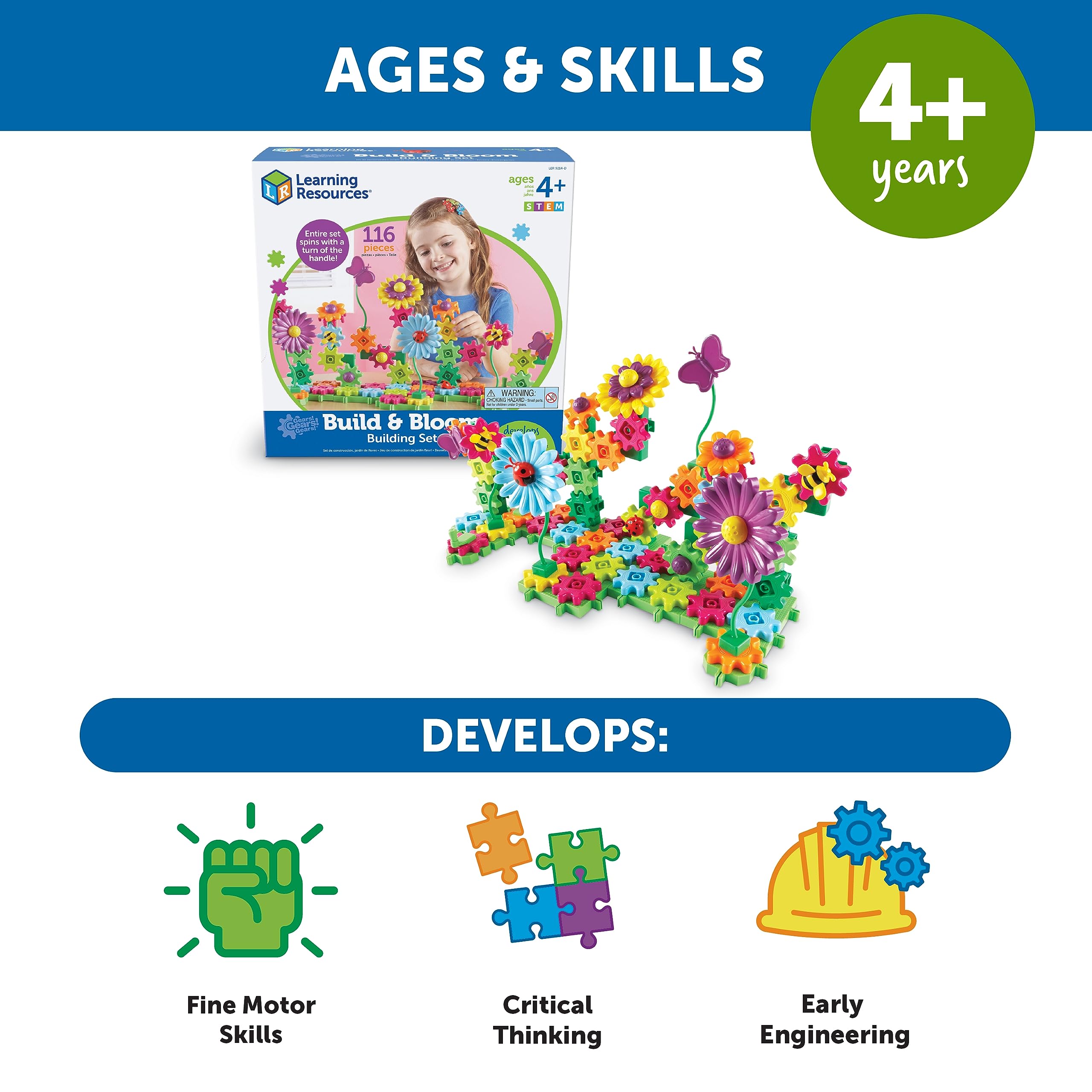 Learning Resources Gears! Gears! Gears! Build & Bloom Building Set, STEM Learning Toy, 116 Pieces, Ages 4+