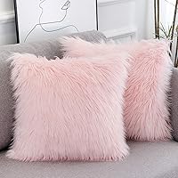 Set of 2 Pink Fluffy Pillow Covers New Luxury Series Merino Style Blush Faux Fur Decorative Throw Pillow Covers Square Fuzzy Cushion Case 18x18 Inch