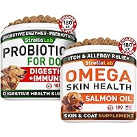 Dog Probiotics Treats for Picky Eaters Bundle + Fish Oil Omega 3 Treats for Dogs - Allergy Relief, Joint Health, Itch Relief. Skin & Coat Supplement + Enzymes + Prebiotics for Digestion Support