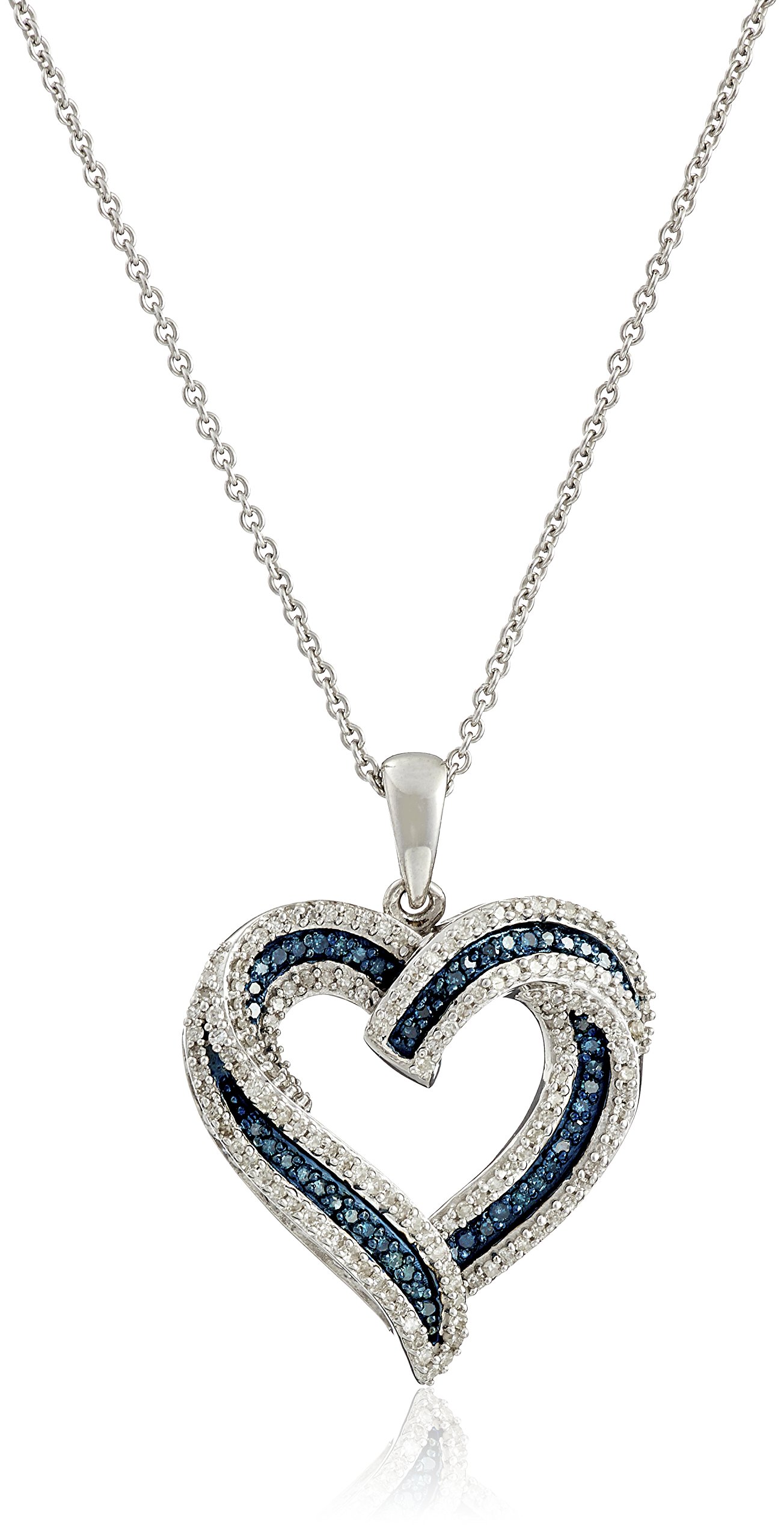 Amazon Collection Sterling Silver Blue and White Diamond Heart Pendant Necklace (1/2 cttw), 18