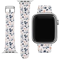 Wrist Band Compatible for Apple Watch Series 7/6/5/4/3/2/1/SE & Matching Phone Case PU Leather Floral Strap 38-40-41-42-44-45 mm Print Drawing Blue Girl Bracelet Wildflowers Classy Cute Pattern