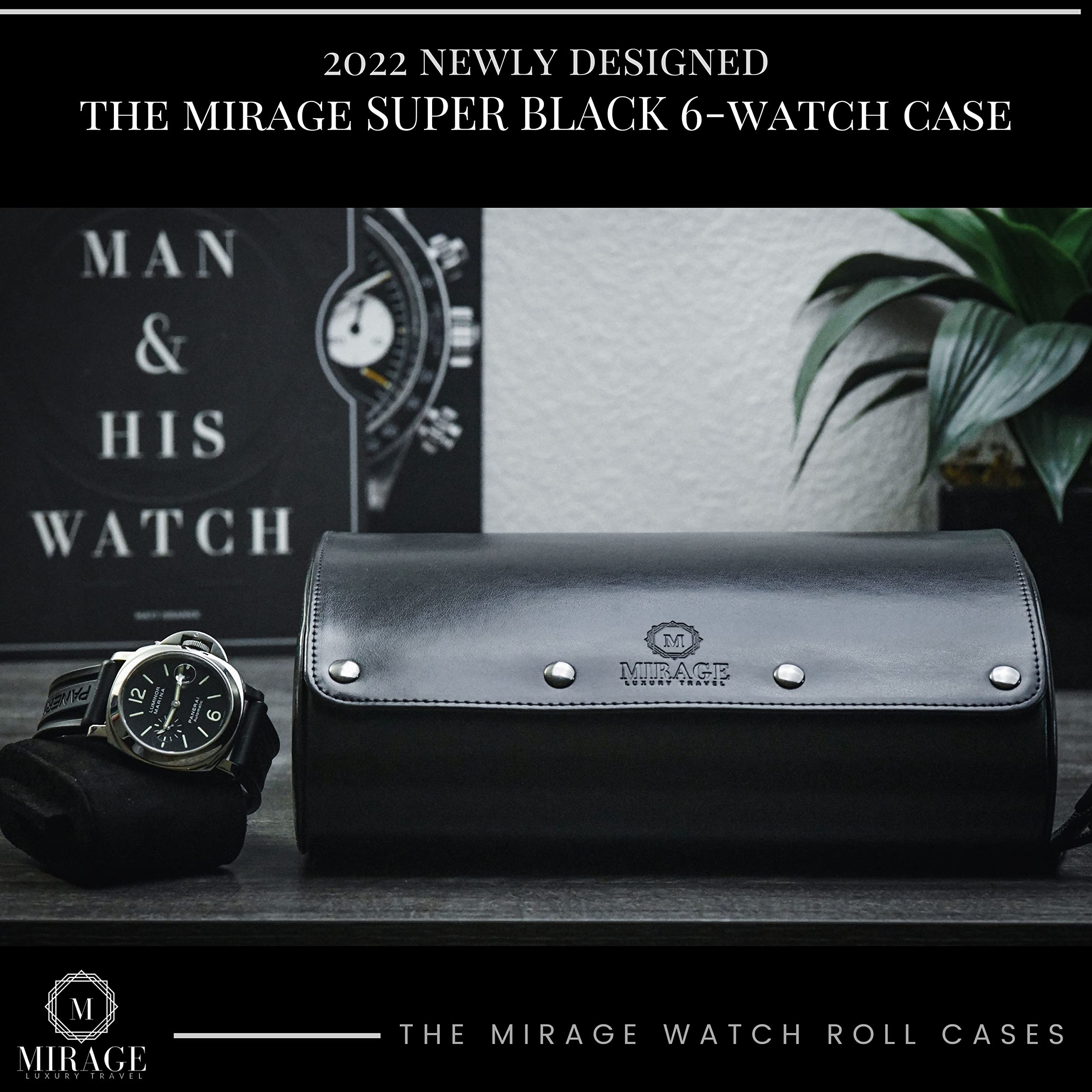 Black Watch Case for Men - 6-Watch Roll Travel Case by Mirage - Super Black Motif Design