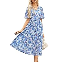 GRACE KARIN Women's 2024 Summer Boho Floral Dress Casual V Neck Short Flutter Sleeve Dress Flowy Pleated Beach Dress