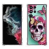 Galaxy S24 Ultra Case,Sugar Skull Butterfly Flower Drop Protection Shockproof Case TPU Full Body Protective Scratch-Resistant Cover for Samsung Galaxy S24 Ultra