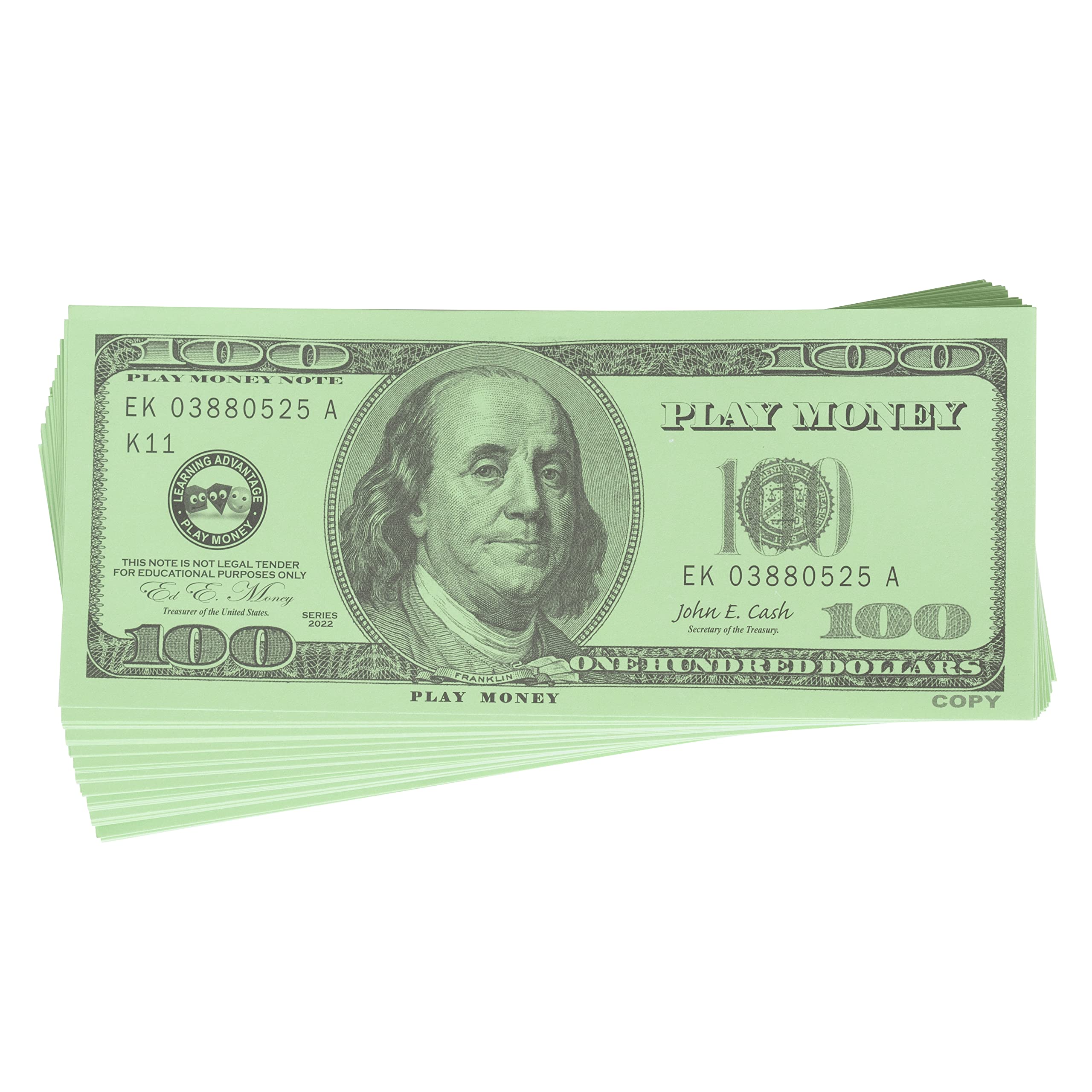 LEARNING ADVANTAGE One Hundred Dollar Play Bills - Set of 50 $100 Paper Bills - Designed and Sized Like Real US Currency - Teach Currency, Counting and Math with Play Money