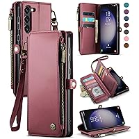 Defencase for Samsung Galaxy S23 Plus/ S23+ Case, 【RFID Blocking】 for Samsung S23 Plus Wallet Case for Women, PU Leather Magnetic Flip Strap Zipper Card Holder Phone Case for Galaxy S23 Plus,Burgundy