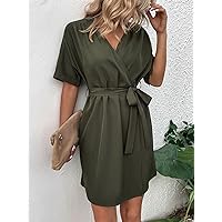 Summer Dresses for Women 2022 Dolman Sleeve Overlap Collar Belted Dress Dresses for Women (Color : Army Green, Size : Small)