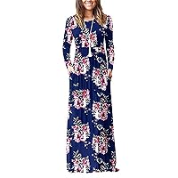 Andongnywell Women's Casual Floral Printed Long Maxi Dress with Pockets Print Long Sleeve Loose Dresses
