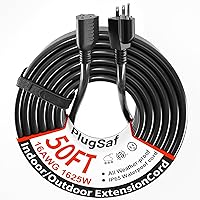 Black Outdoor Extension Cord 50 ft 16/3 Gauge Waterproof, Cold Weatherproof -58°F, Flame Retardant, Flexible 3 Prong Heavy Duty Electric Cord for Lawn Office,13A 1625W 16AWG SJTW, ETL Listed