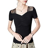 Women's Fashion Cotton Tops Sexy V Neck Short Sleeve Pleated Mesh Patchwork Blouses Ladies Daily Elegant Work Shirts