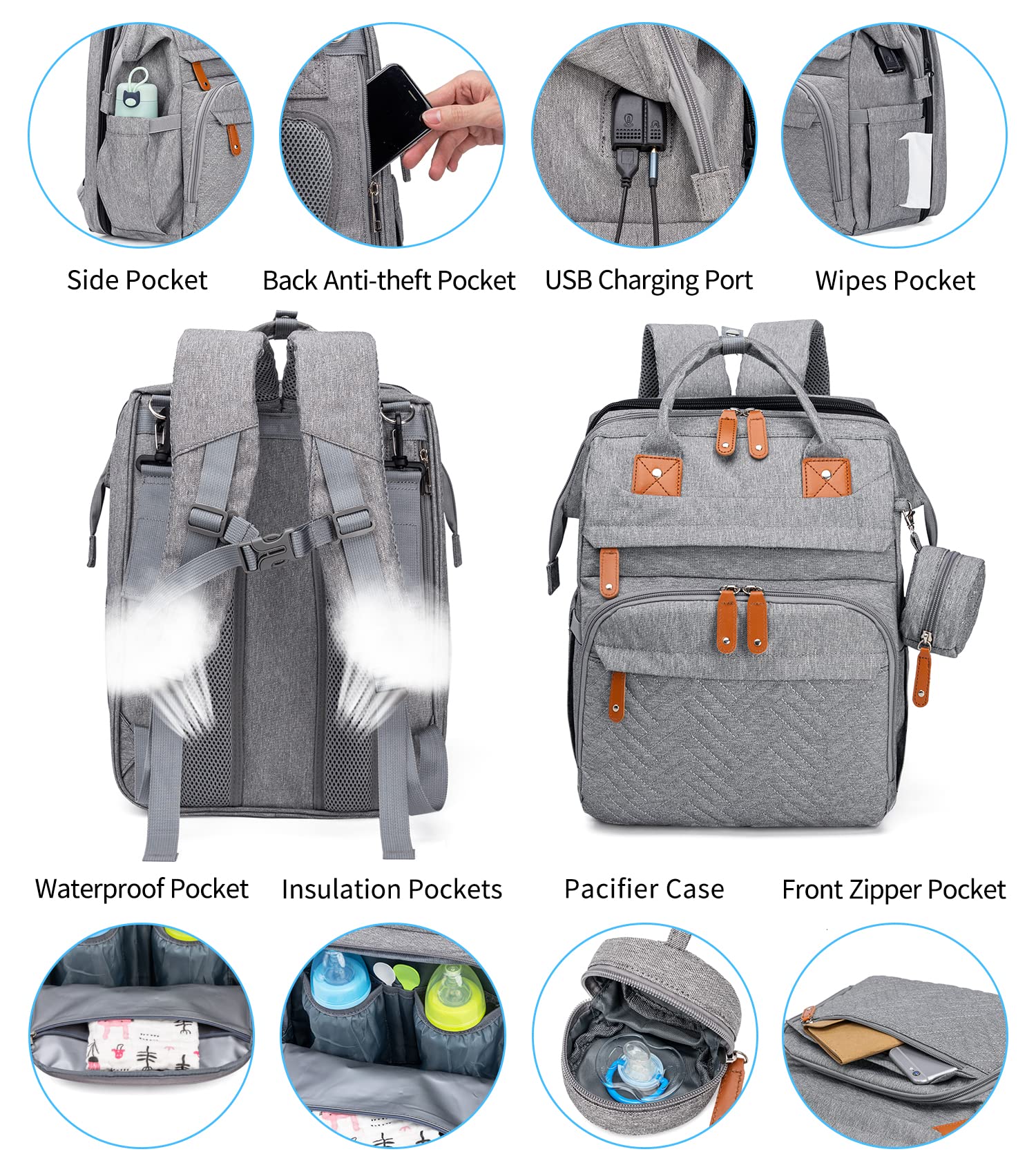 KABAQOO Baby Diaper Bag Backpack - Diaper Bag with Detachable Changing Station, Baby Bag for Boys & Girls - Newborn Baby Registry Search Baby Shower Gifts, Grey