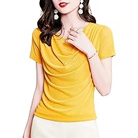 Fashion Bright Silk Mesh Tops for Women, Crewneck Short Sleeve Pleated Patchwork Blouses Ladies Elegant Work Shirts
