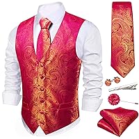 Men's 6PCS Vest Tie Set Business/Leisure Silk Paisley Suit Waistcoat with Handkerchief Clip Pin for Wedding Party
