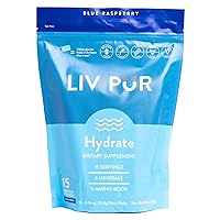 Hydrate Hydration Powder w/Electrolytes | Essential Amino Acids & Nutrients | NSF Certified for Sport, No Artificial Flavors | Easy Single-Serve Sticks | Blue Raspberry, 15 Sticks
