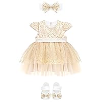 Lilax Baby Girls Glitter Tulle Dress, Sparkle Polka Dots Princess Gown with Matching Headband and Shoes