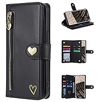 XYX Wallet Case for Samsung A21, Gold Love Pattern PU Leather 9 Card Slots Flip Zipper Pocket Purse Cover with Wrist Lanyard for Galaxy A21, Black