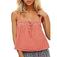 Women Cute Tie Front Plaid Crop Tank Tops Square Neck Sleeveless Gingham Camisole Tops Summer Backless Cropped Vest