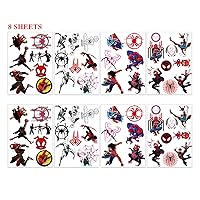 Spider Temporary Tattoos (8 Sheets) Gifts Super Hero Cosplay Tattoos Stickers Party Favors Supplies Tattoos for Teens Kids Waterproof Birthday Decorations