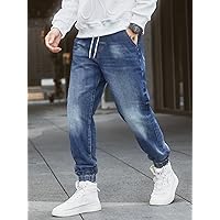 Men's Jeans Men Slant Pocket Drawstring Waist Jogger Jeans Jeans (Color : Dark Wash, Size : Medium)