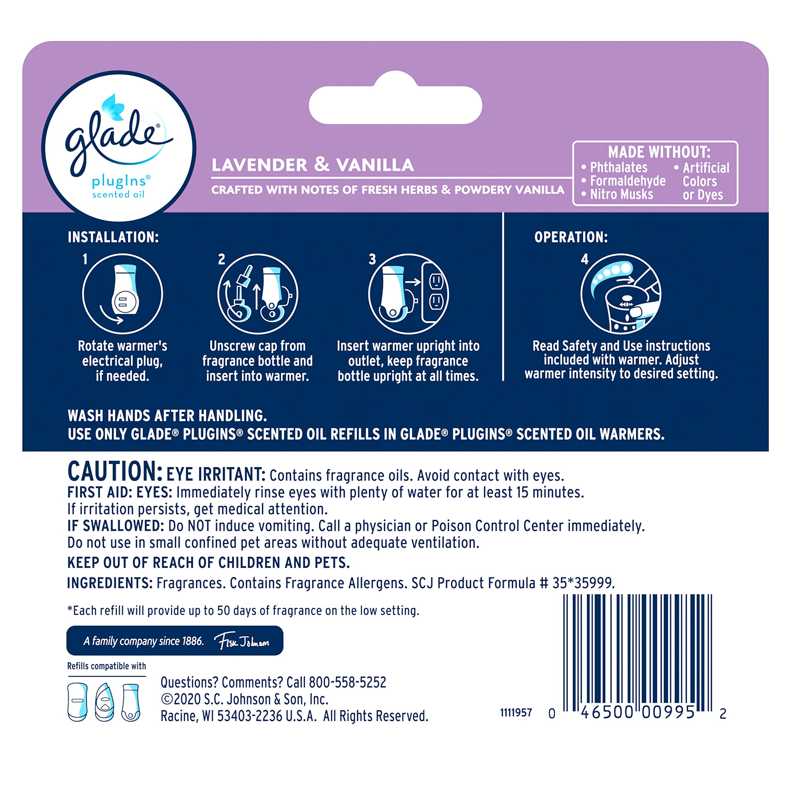 Glade PlugIns Refills Air Freshener, Scented and Essential Oils for Home and Bathroom, Lavender & Vanilla, 3.35 Fl Oz, 5 Count