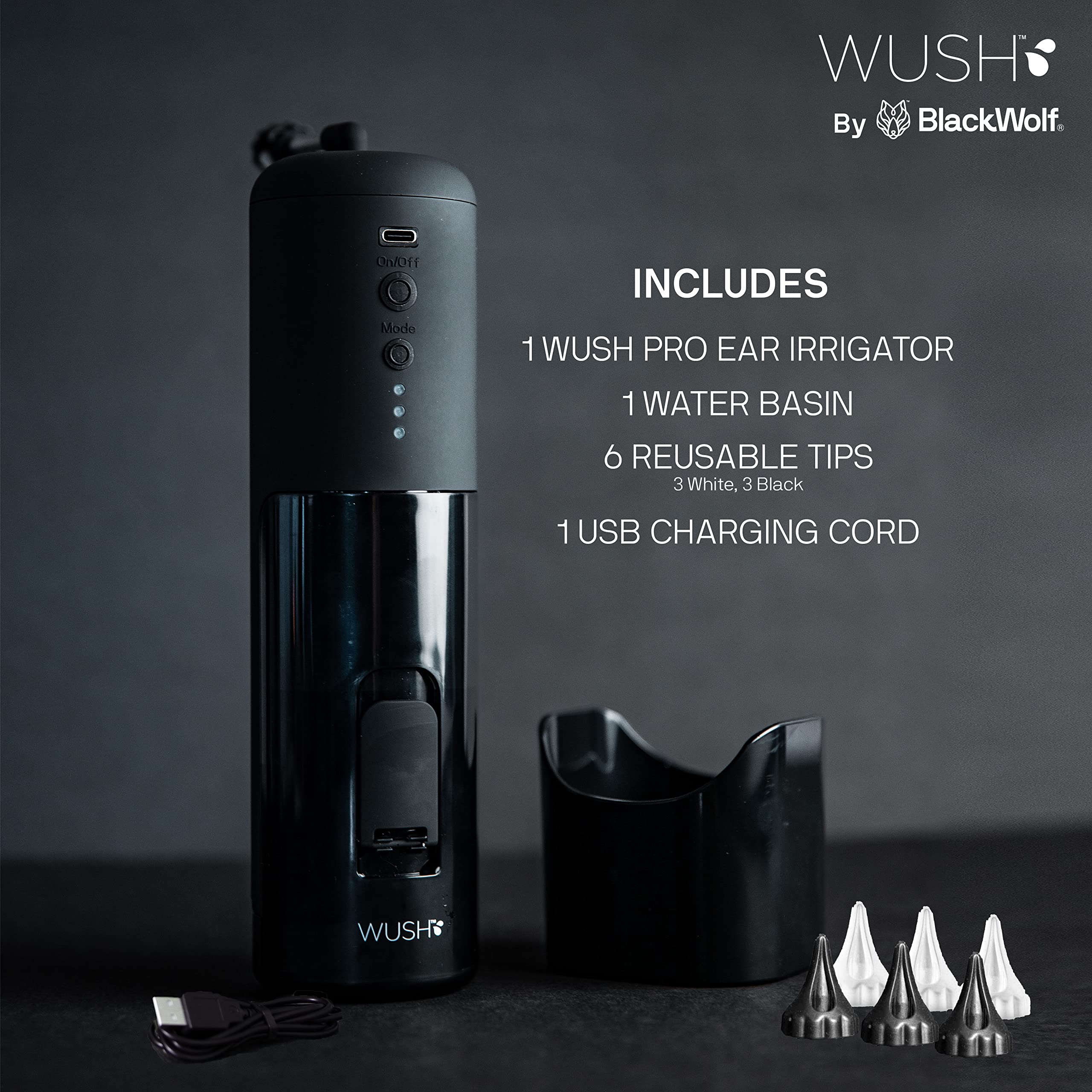 Wush Pro By Black Wolf - Deluxe Water Powered Ear Cleaner- Safe & Effective - Electric Triple Jet Stream 3 Pressure Settings For Ear Wax Buildup - Ear Wax Removal Kit- Water Resistant USB Rechargeable