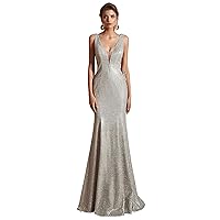 Women's V-Neck Beaded Sequins Lace-up Mermaid Evening Dress