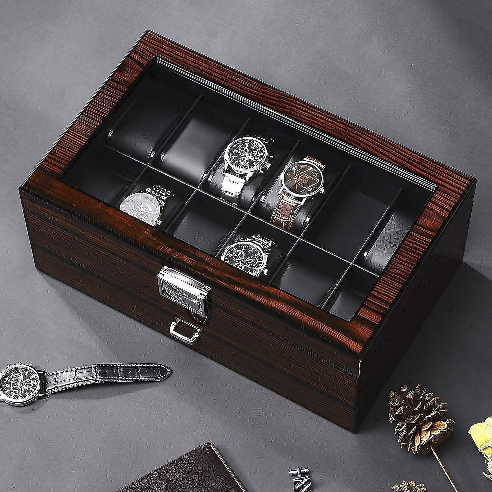 BEWISHOME Watch Box Organizer 20 Men Display Storage Case & 12 Watch Box with Valet Drawer, Luxury Watch Case