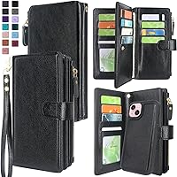 Harryshell Compatible with iPhone 15 / iPhone 14 / iPhone 13 6.1 inch 5G Wallet Case Detachable Removable Phone Cover Zipper Cash Pocket Multi Card Slots Wrist Strap Lanyard (Black)