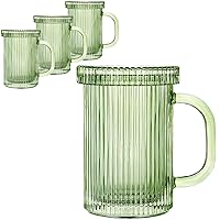 Lysenn Glass Coffee Mugs Set of 4 - Classic Vertical Stripe Tea Mug - Elegant Coffee Cup with Glass Lid for Latte, Espresso - Lovely Gift for Christmas, Anniversary and Birthday - 11 oz Lime Green
