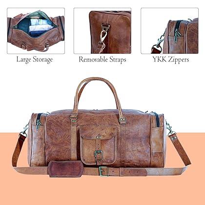 Leather duffle bags large 24 Inch Square Duffel Travel Gym Sports Overnight Weekender Leather Bag for men and women by KPL